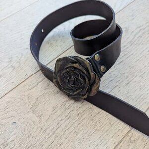 Black leather Belt with Rose Shaped Buckle